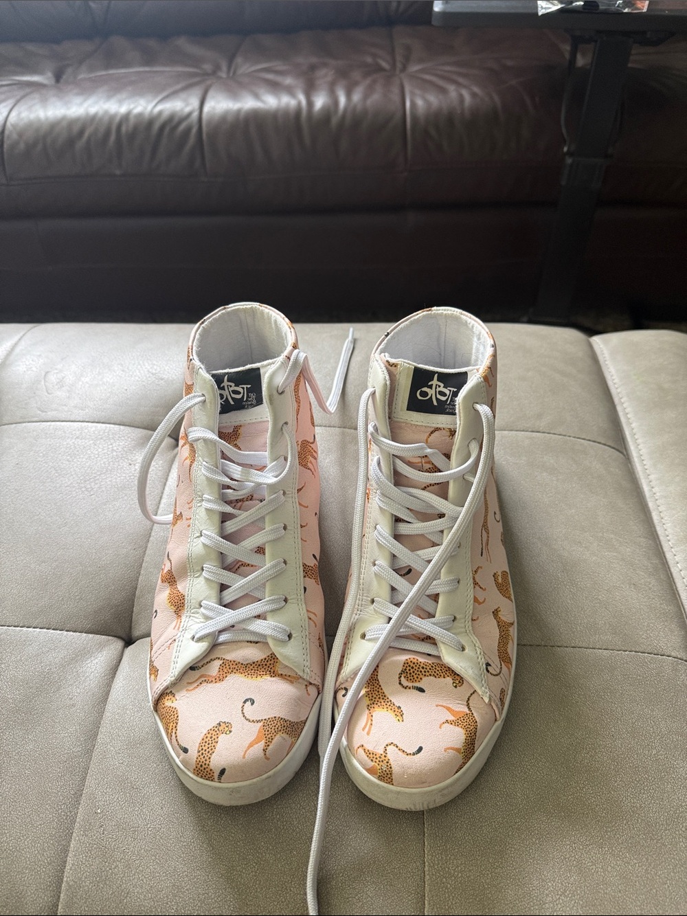 OTBT Pink and White High-Top Sneakers with Leopard Print